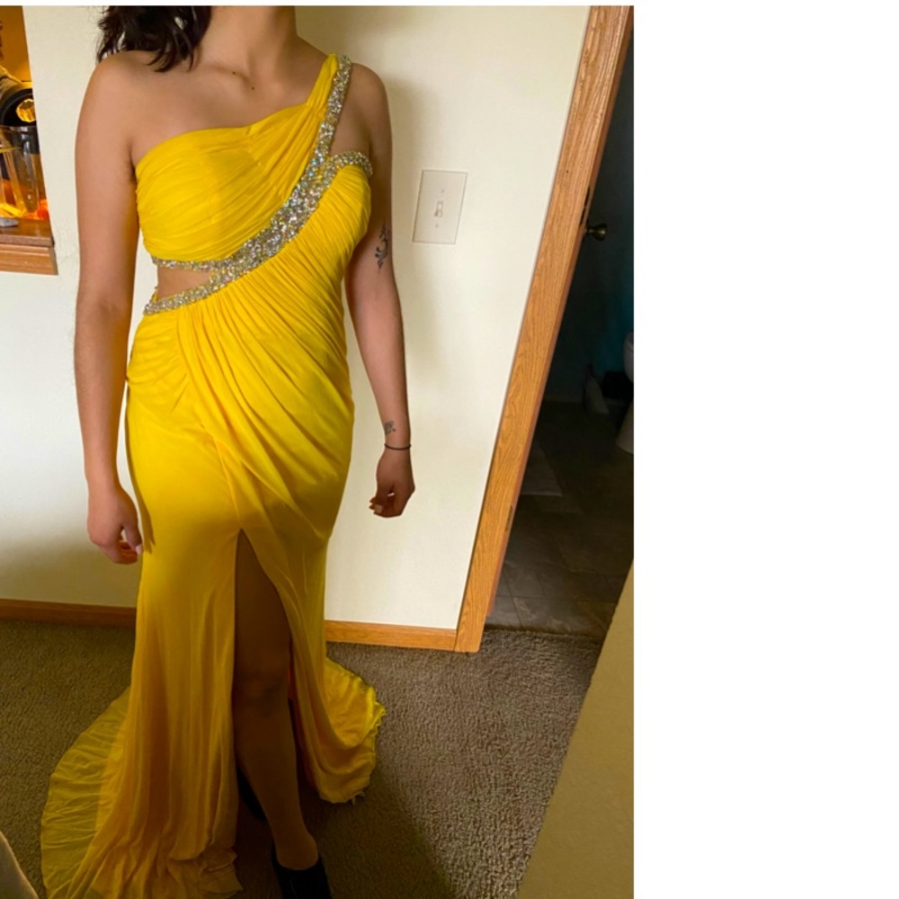 La Femme Sunshine Yellow Rhinestone Prom Dress (Size 8)